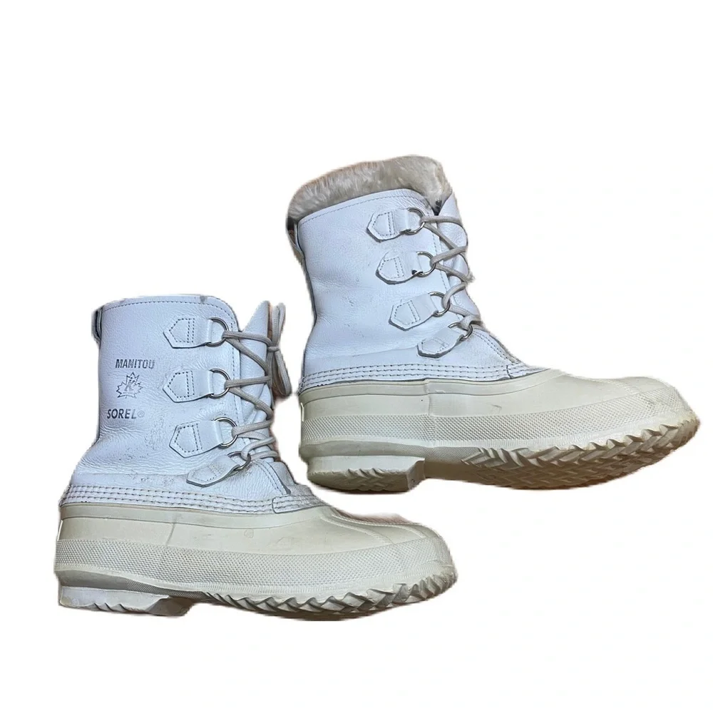 Sorel Winter Boots White Leather Faux Fur Sz 8 Women’s